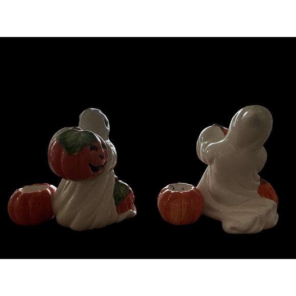 Halloween Fall Pumpkin Ghost Candlestick Holders Pair of 1996 Fitz & Floyd - Picture 4 of 9